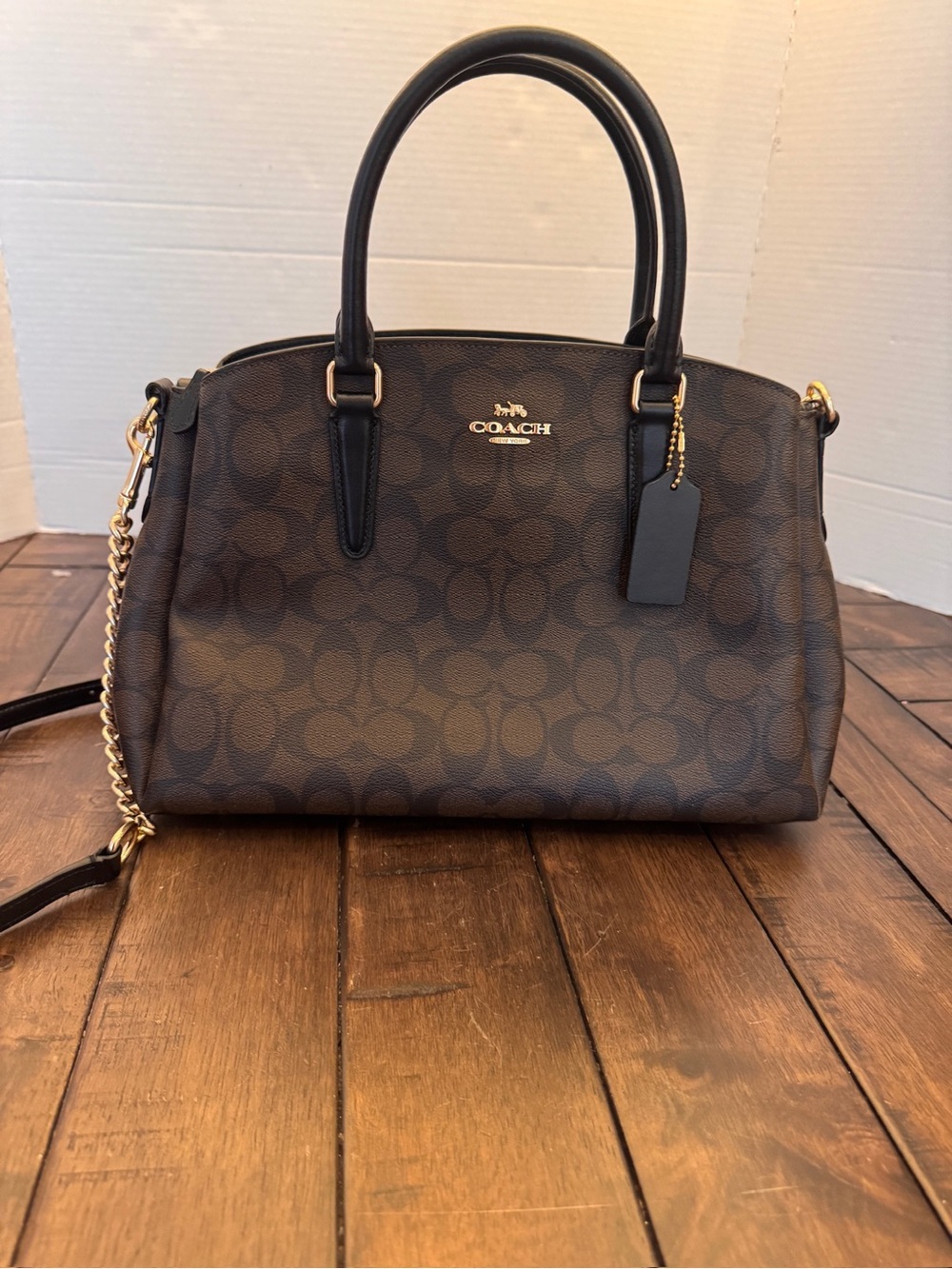 Coach Brown Signature Leather Gold Chain Purse Shoulder Bag F29683 Medium
